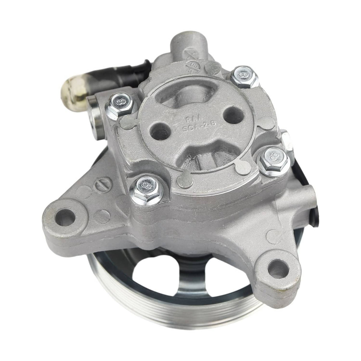 Power steering pump with pulley, close-up of circular front plate and mounting bolts.