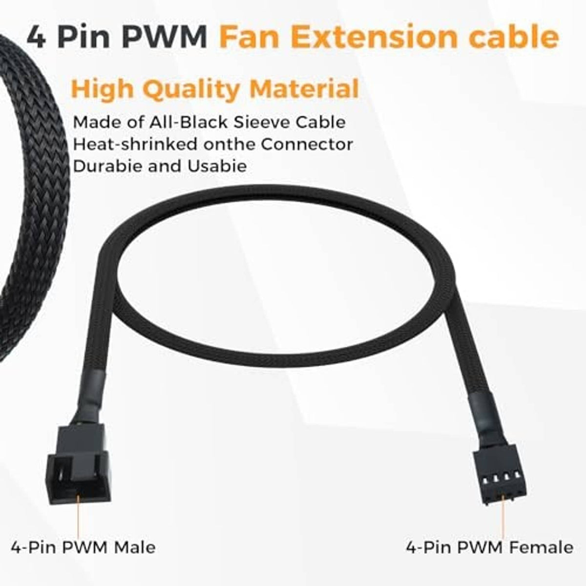 Braided black 4-pin PWM extension cable, 4-pin male to 4-pin female connectors