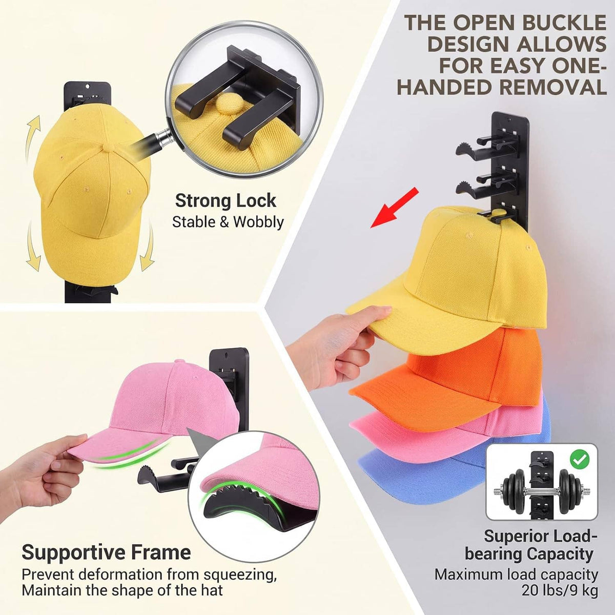 Black cap organizer rack holding yellow baseball cap with secure buckle and strap design