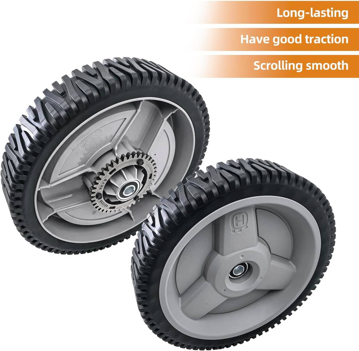 Pair of grey mower wheels with black tread and center gear hub