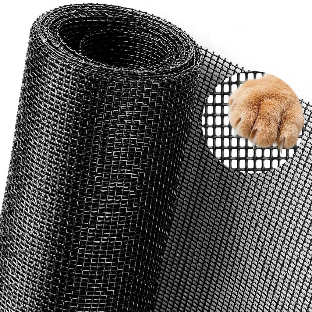Charcoal gray pet window screen roll with fine mesh grid and dog paw at the edge