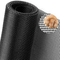 Charcoal gray pet window screen roll with fine mesh grid and dog paw at the edge