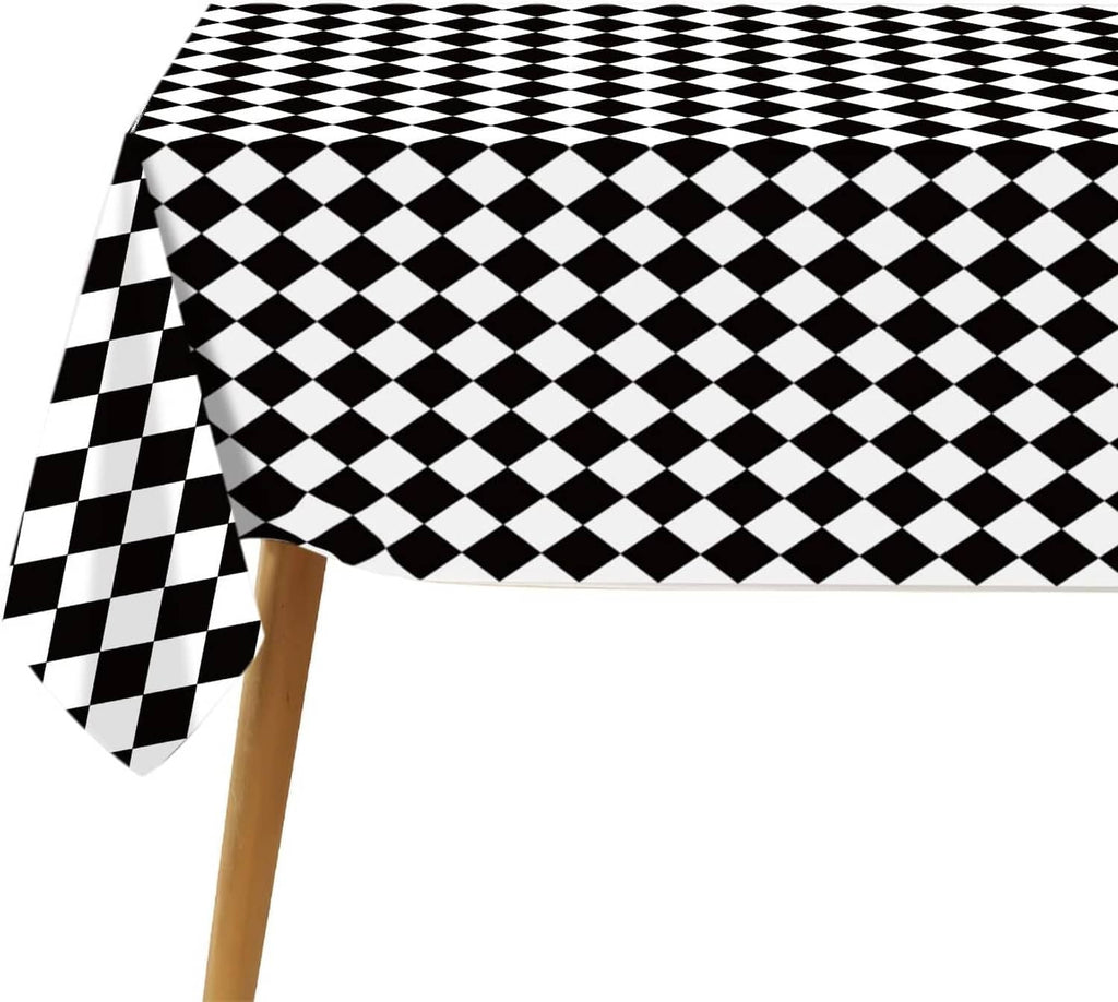 Black and white diamond check tablecloth with a hanging corner