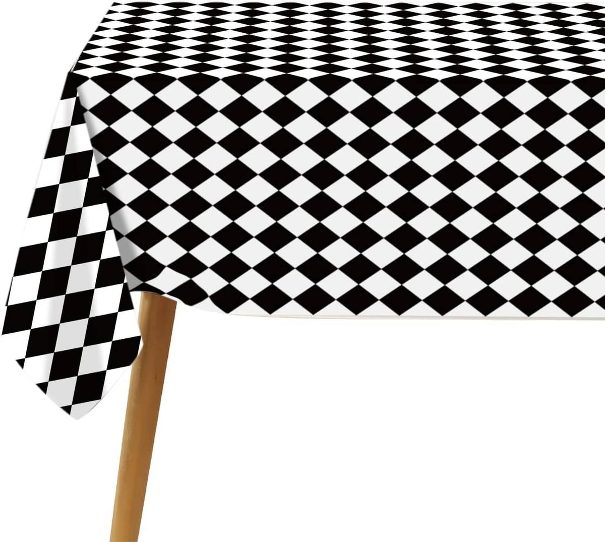 Black and white diamond check tablecloth with a hanging corner
