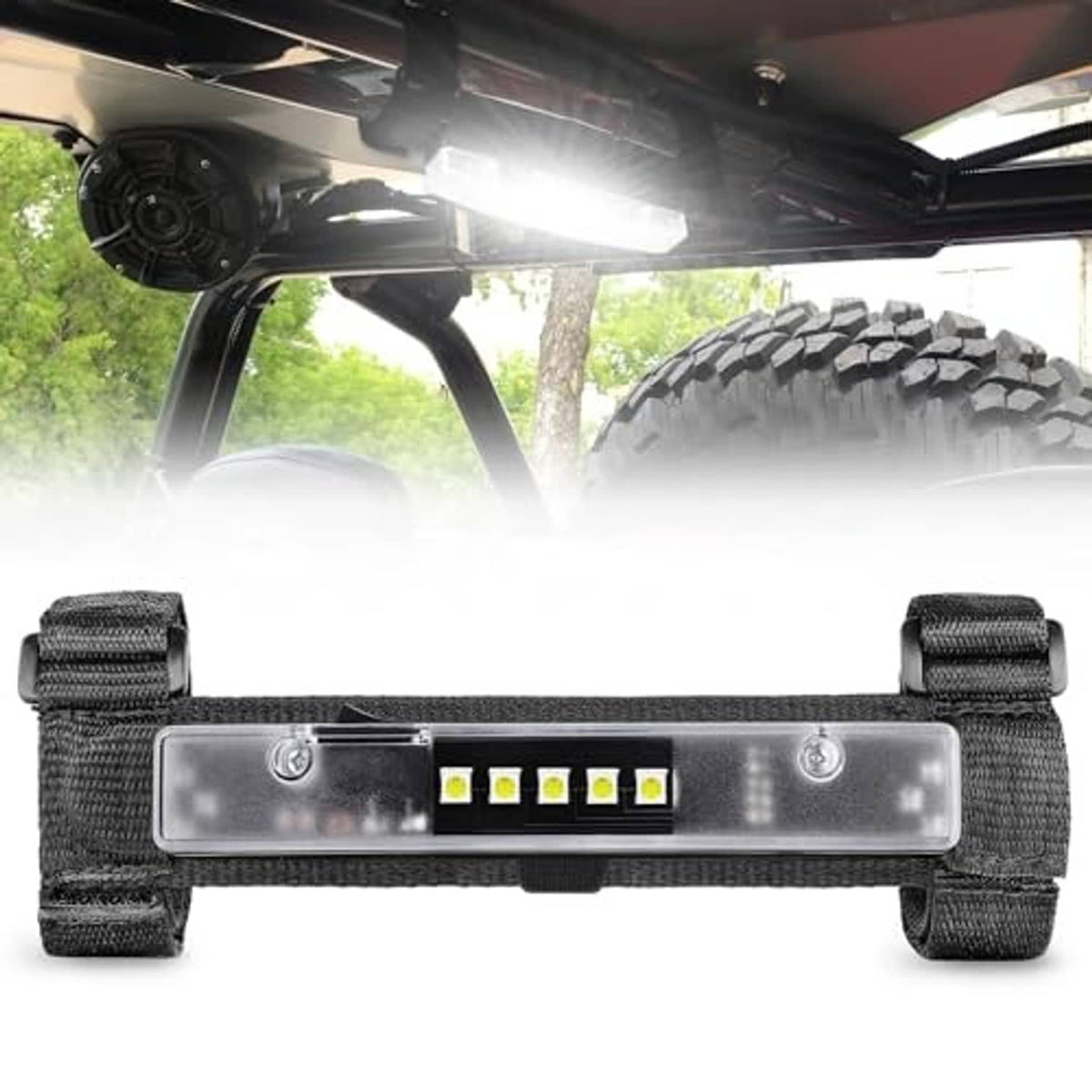 Black fabric strap-mounted LED light bar with clear cover and 5 white LEDs