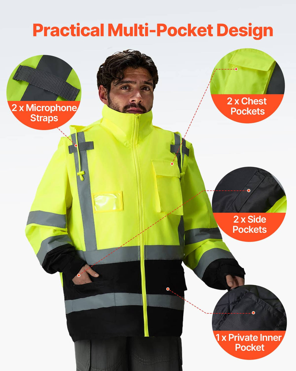 Bright yellow waterproof safety jacket with hood and reflective bands across chest and arms