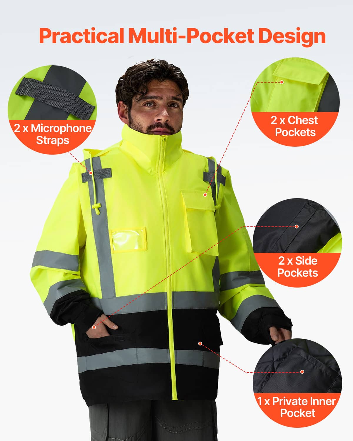 Bright yellow waterproof safety jacket with hood and reflective bands across chest and arms