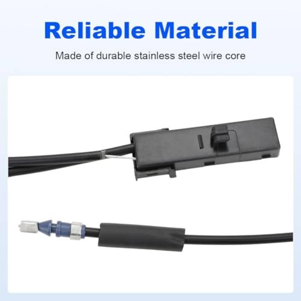 Hood release cable replacement with durable black housing and two blue wire couplers.