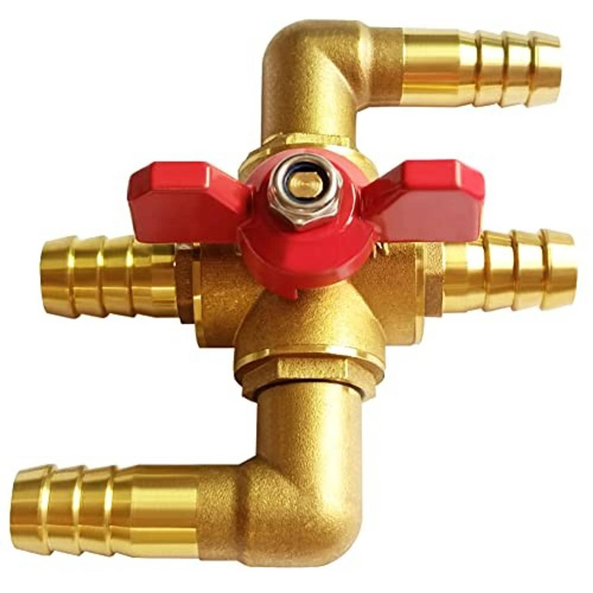 Brass car heater control valve with red lever and barbed hose connections