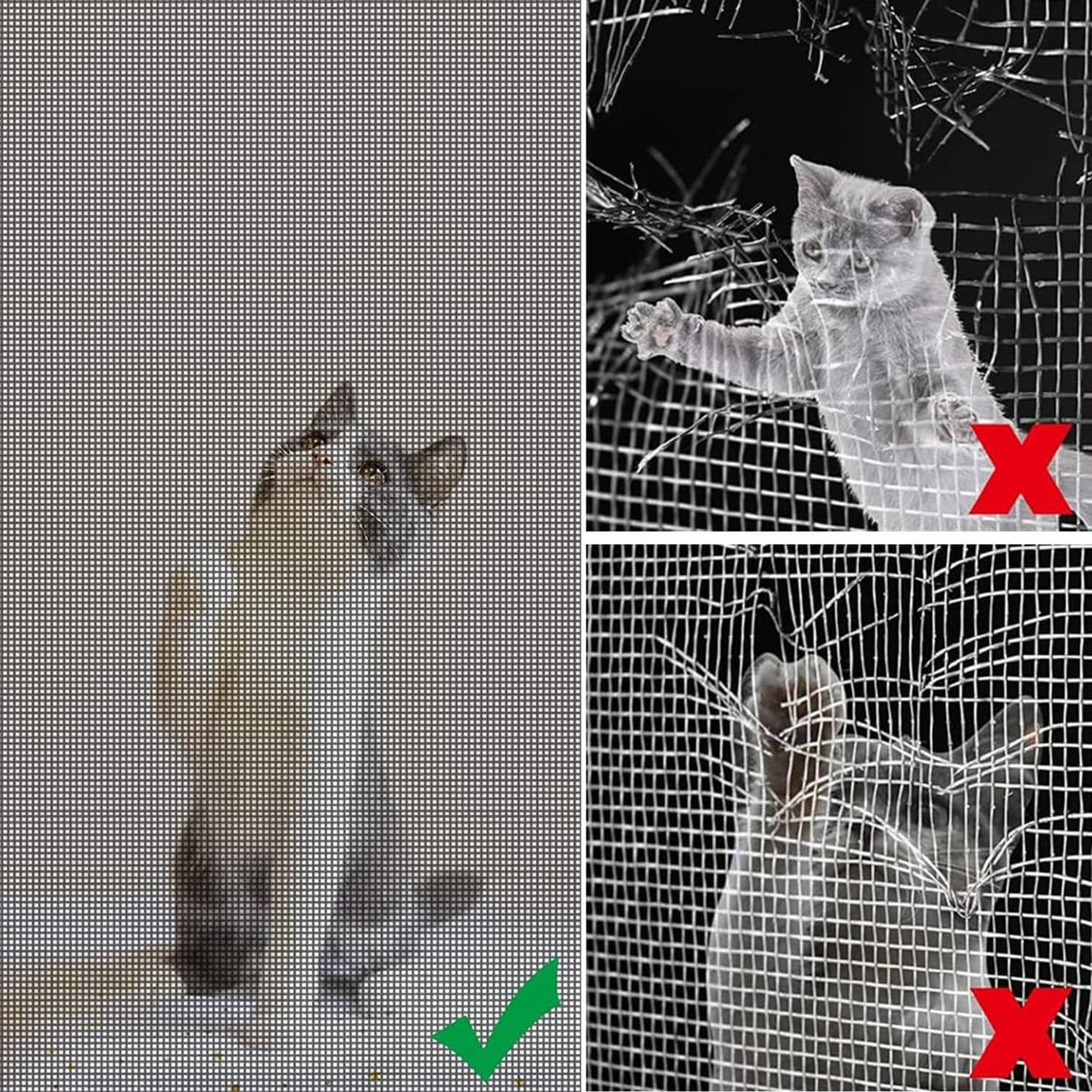Charcoal gray window screen mesh resisting pet scratching, reinforced woven grid