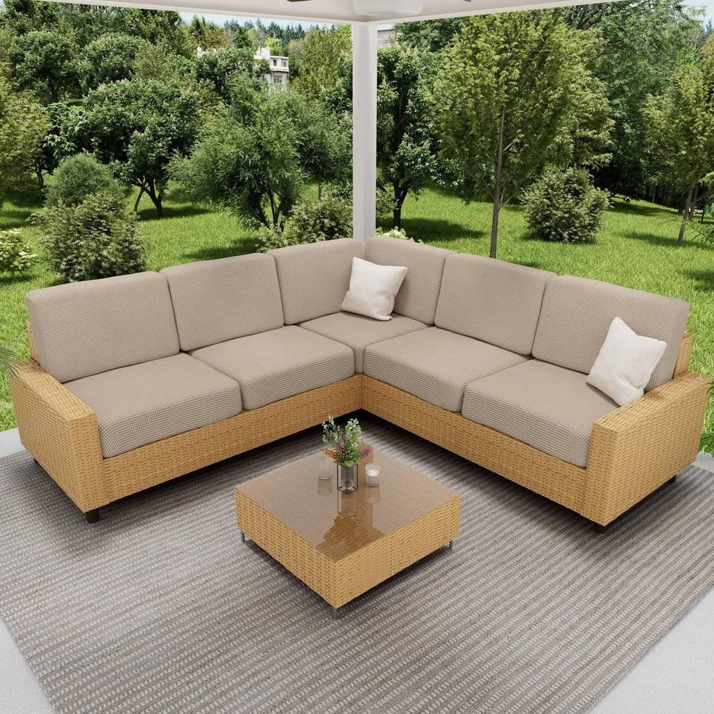 Taupe outdoor sectional cushion covers with fitted backrest and seat panels