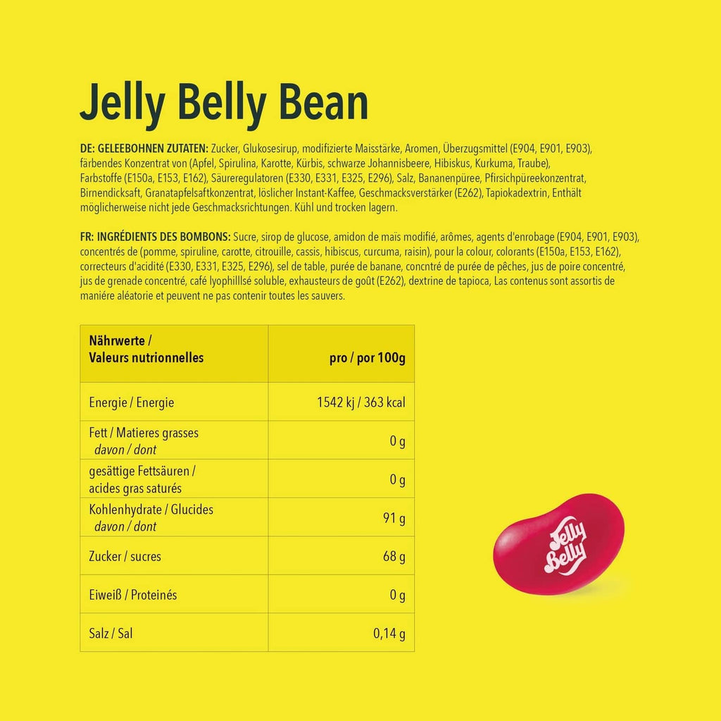 Jelly Belly Bean Boozled back panel with nutrition table and ingredients info.