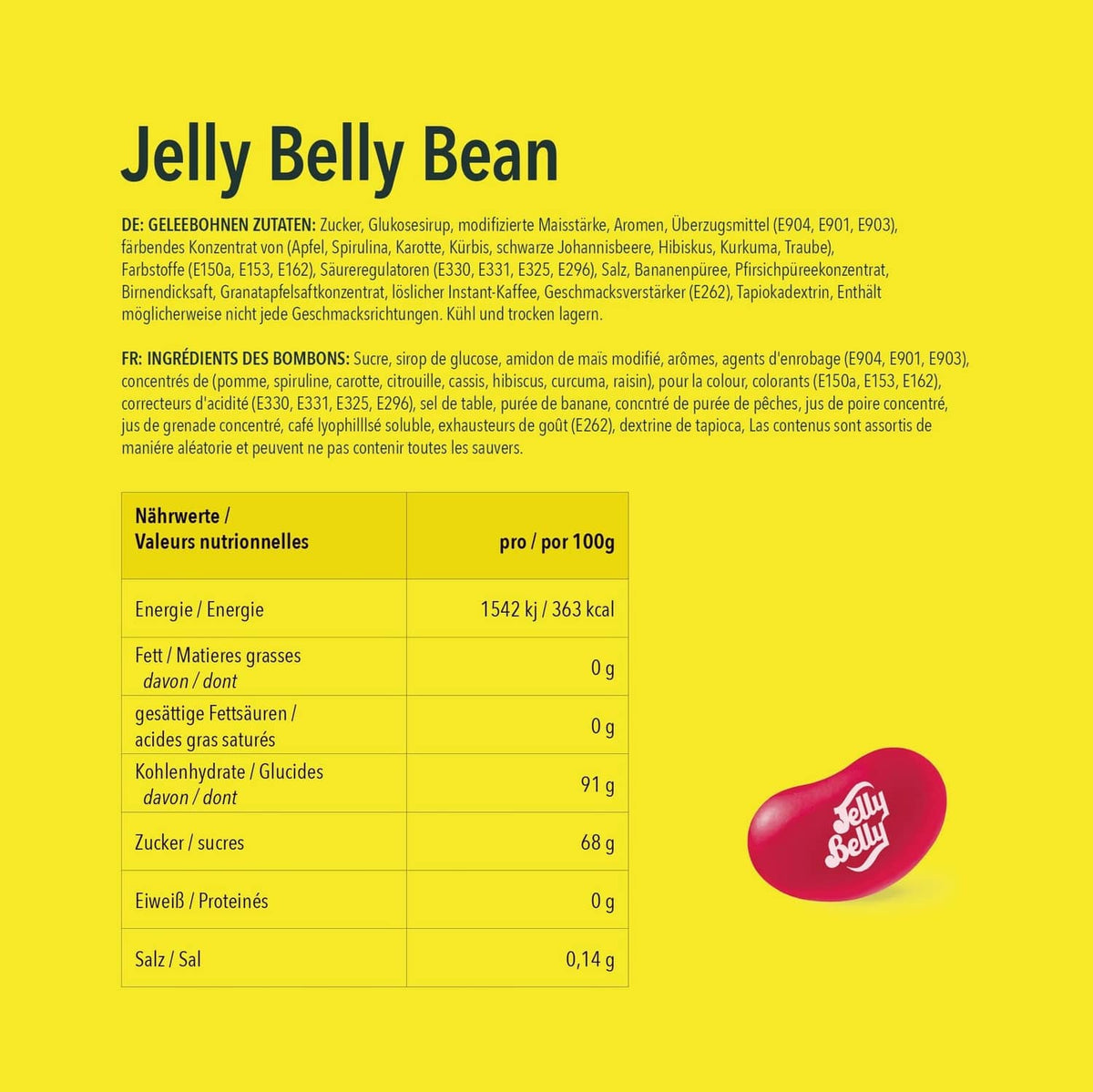 Jelly Belly Bean Boozled back panel with nutrition table and ingredients info.