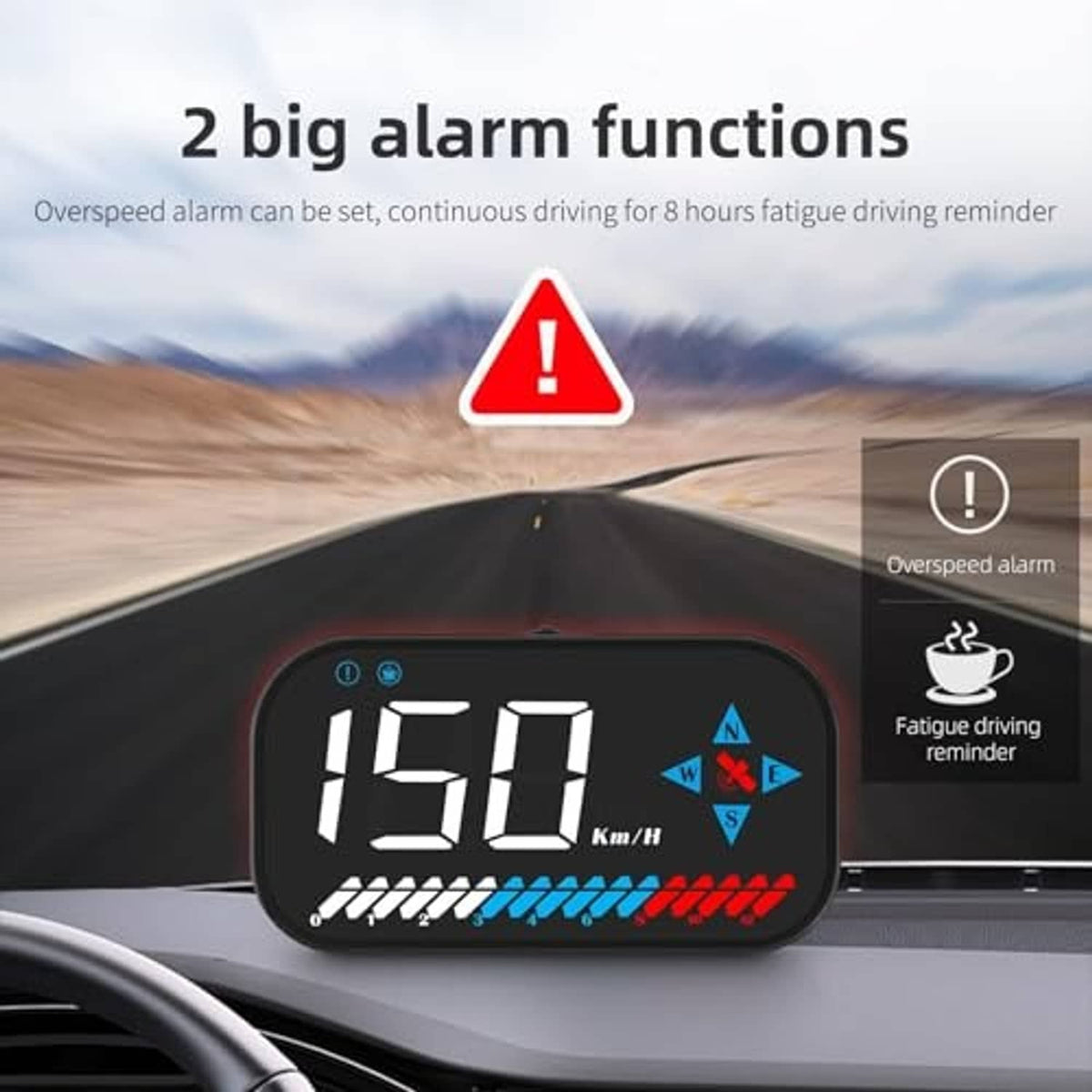 Black HUD digital speedometer showing 56 km/h with blue and red alarm progress bars