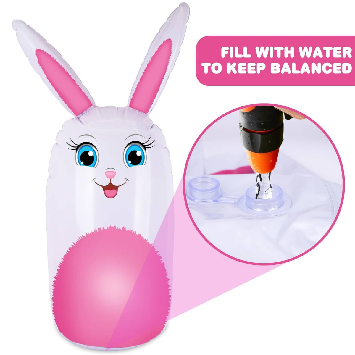 Inflatable bunny yard game with pink belly, green and orange rings, water-fill opening