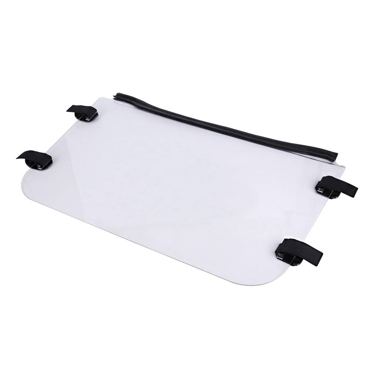 Clear UTV front windshield panel with black edge seal and four corner mounting clips