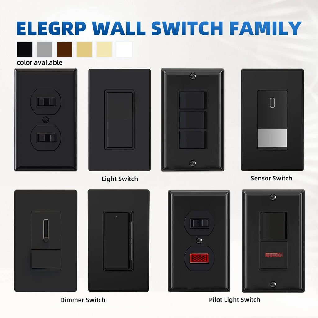 Matte black switch lineup with rocker, dimmer, and sensor openings