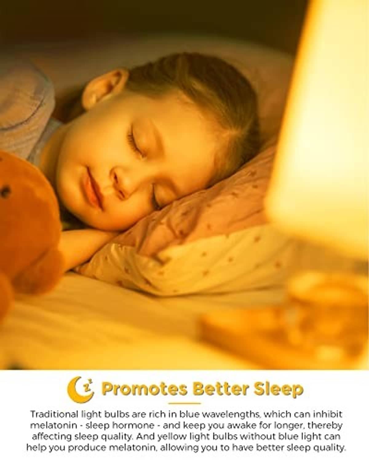 Warm yellow LED bulb glow beside a bed for relaxing bedroom lighting