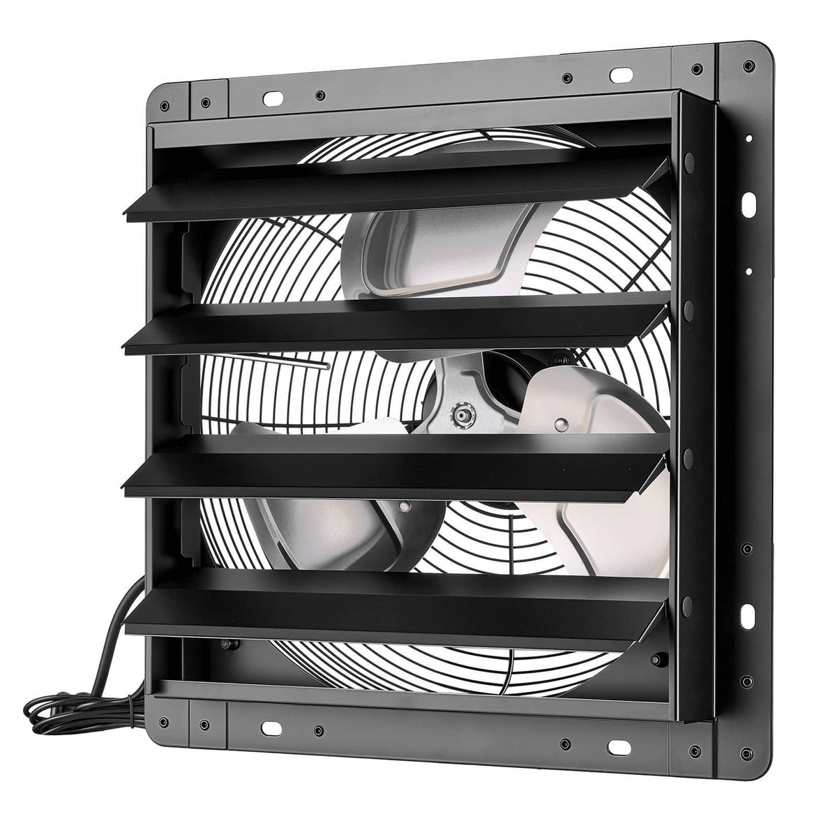 14-inch wall-mounted exhaust fan with automatic louvers and black metal housing