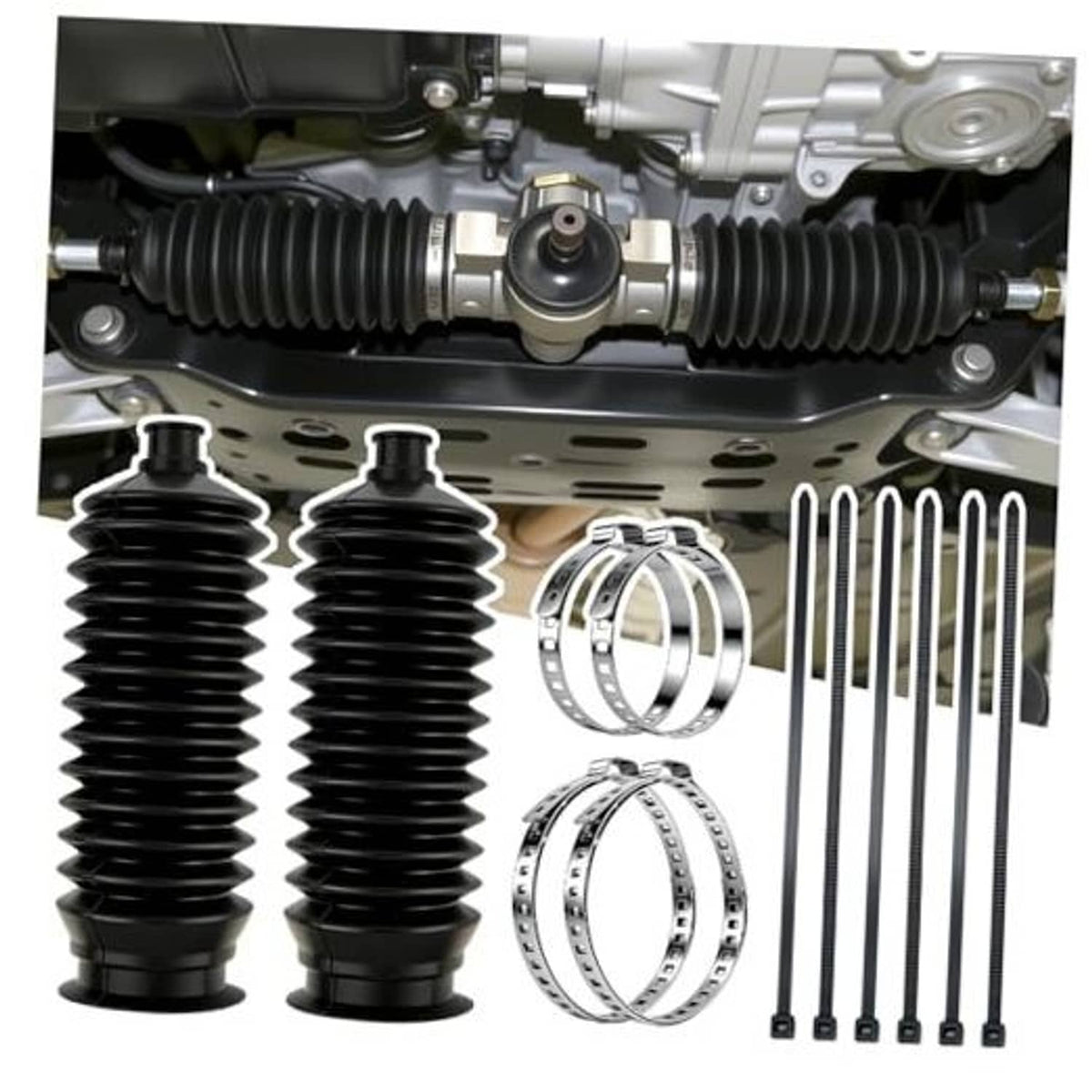 2-piece black ribbed inner tie rod boot kit with clamps and stainless retaining bands
