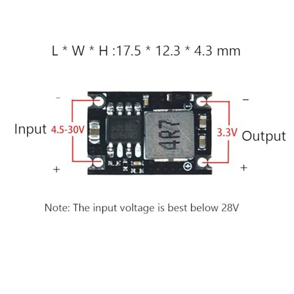 DC-DC buck regulator module diagram: Input 4.5–30V, 3.3V output, size 17.5×12.3mm