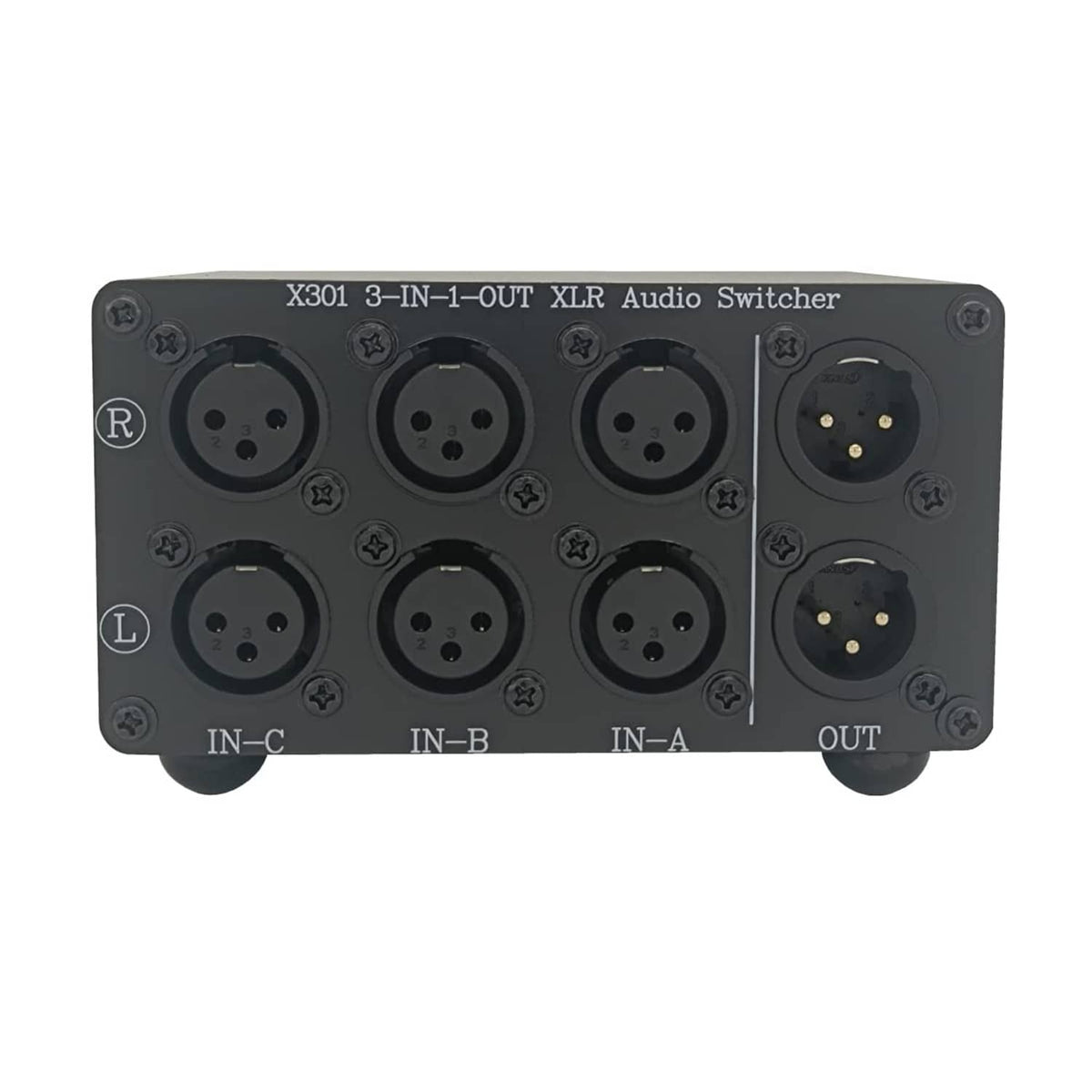 SOLUPEAK XLR audio switch box front panel with IN-A, IN-B, IN-C inputs and OUT