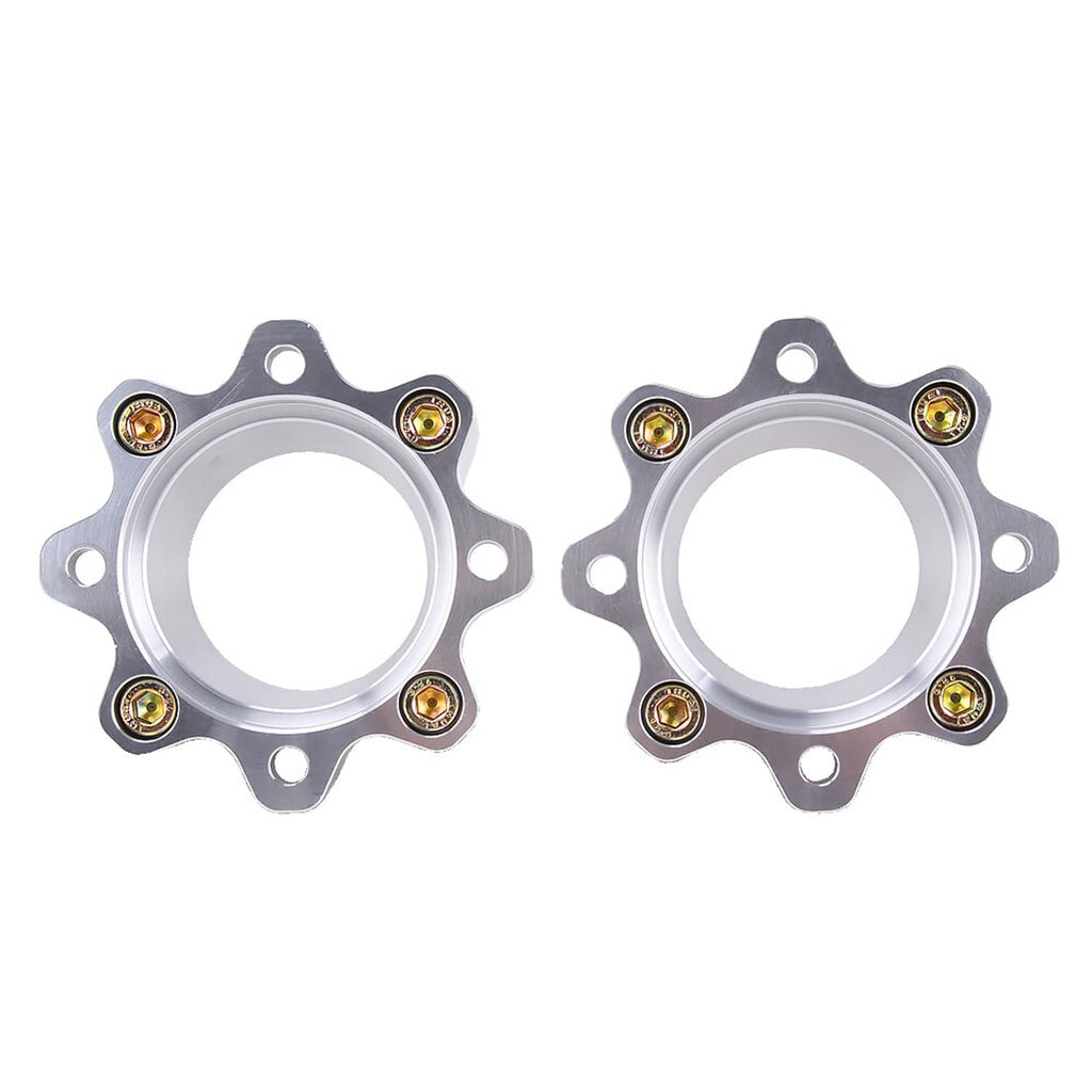 Pair of silver wheel spacers with matching circular openings and gold-tone bolts