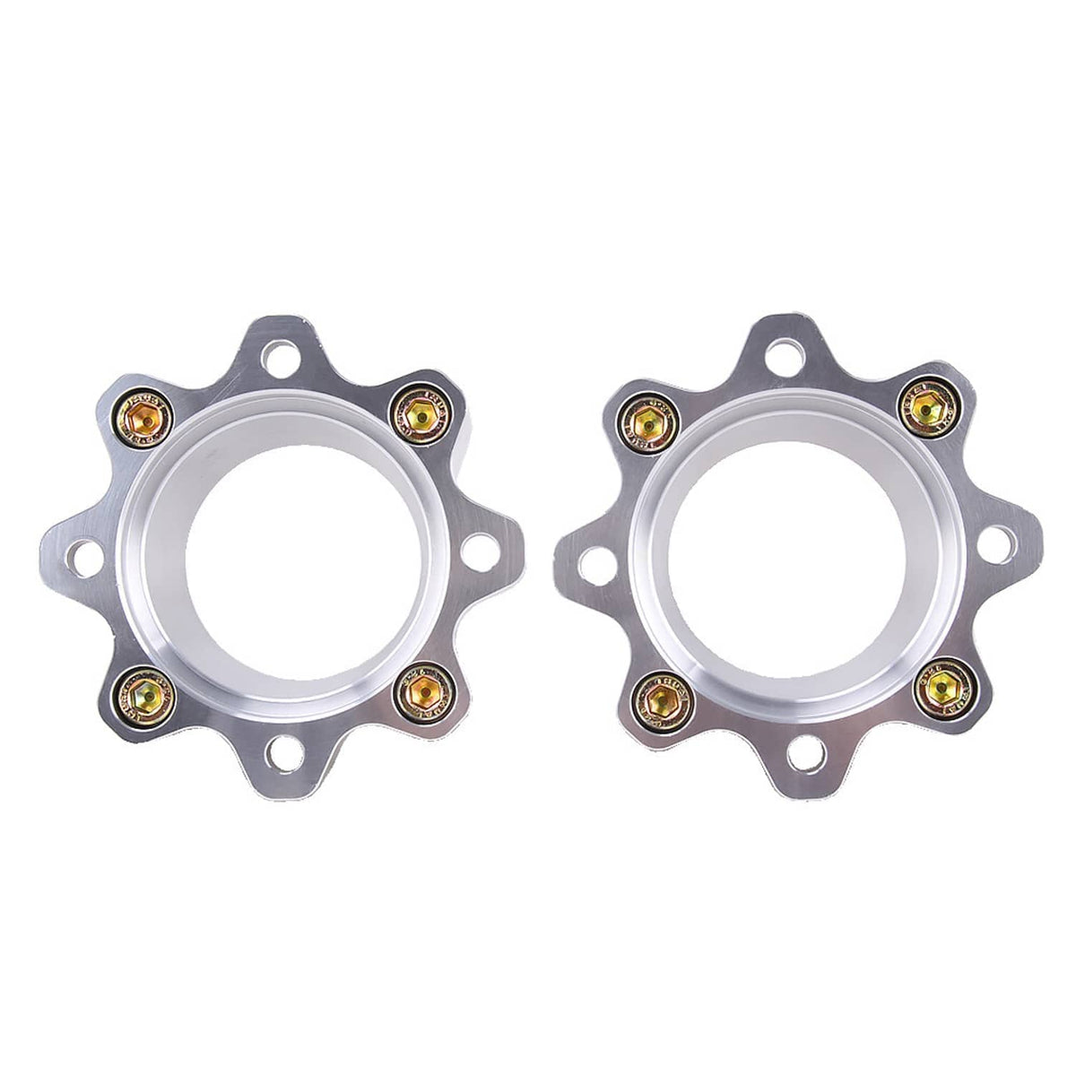 Pair of silver wheel spacers with matching circular openings and gold-tone bolts