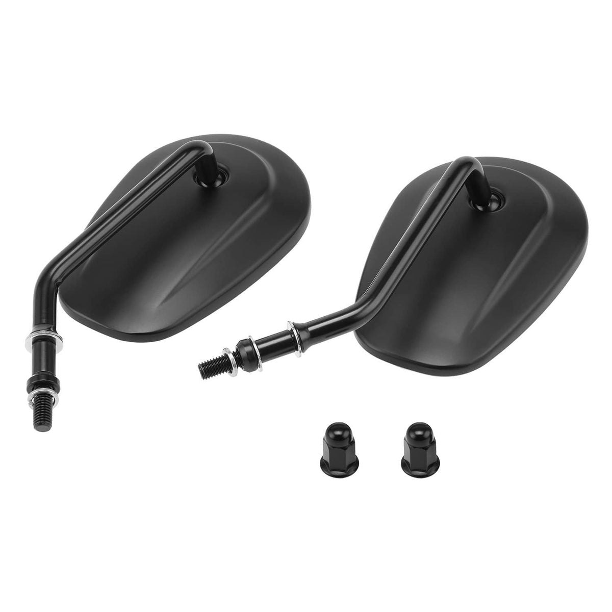 Matte black rearview mirror pair with domed back plates and adjustable arms