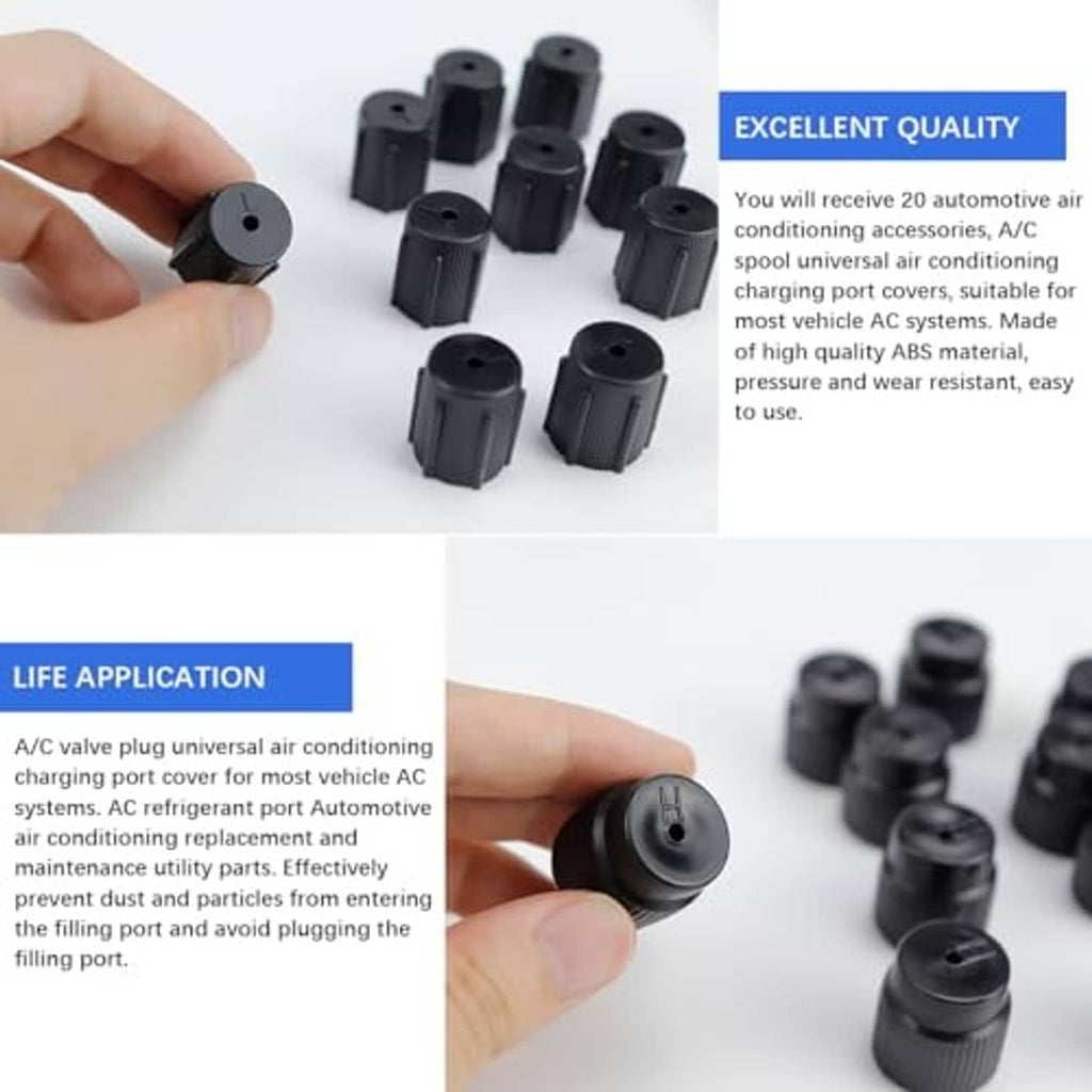 Black air conditioning valve core covers, compact ridged caps shown from multiple angles