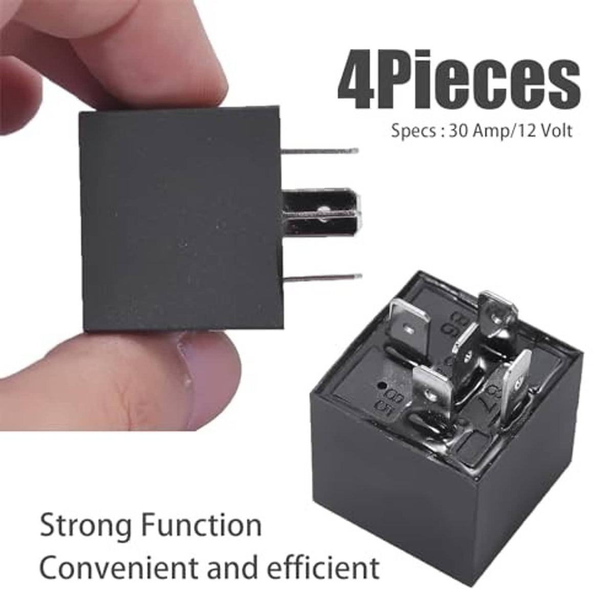 12V car relay with 3-prong terminal pins, black housing held in hand