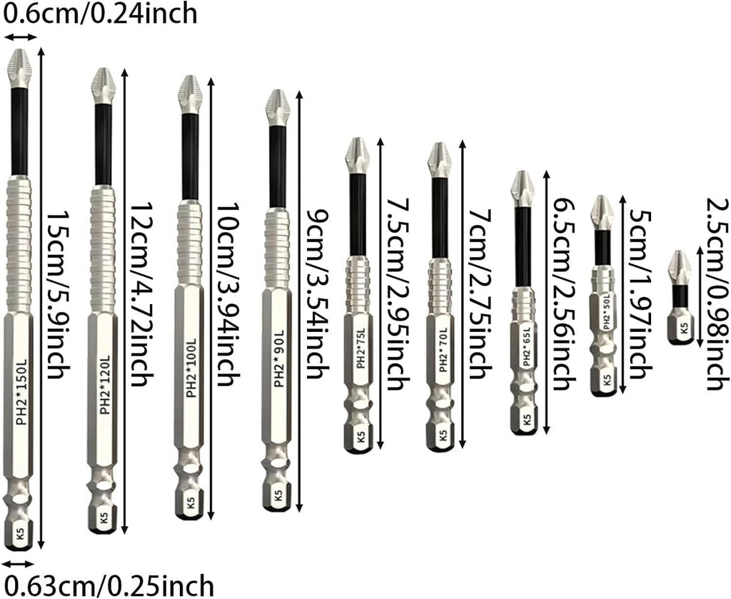 Impact resistant magnetic bit set with labeled PH2 bits and length measurement marks