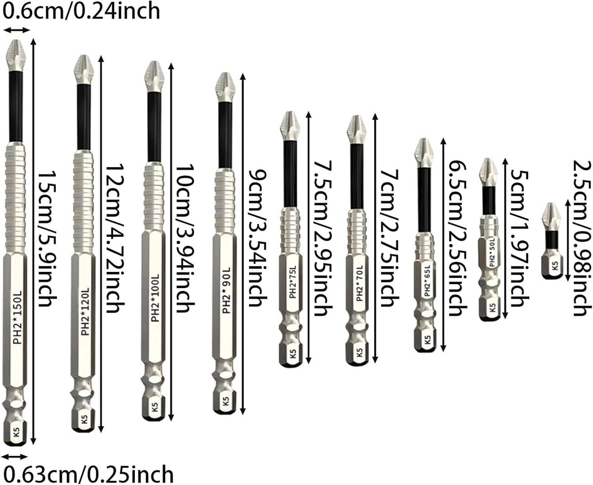 Impact resistant magnetic bit set with labeled PH2 bits and length measurement marks