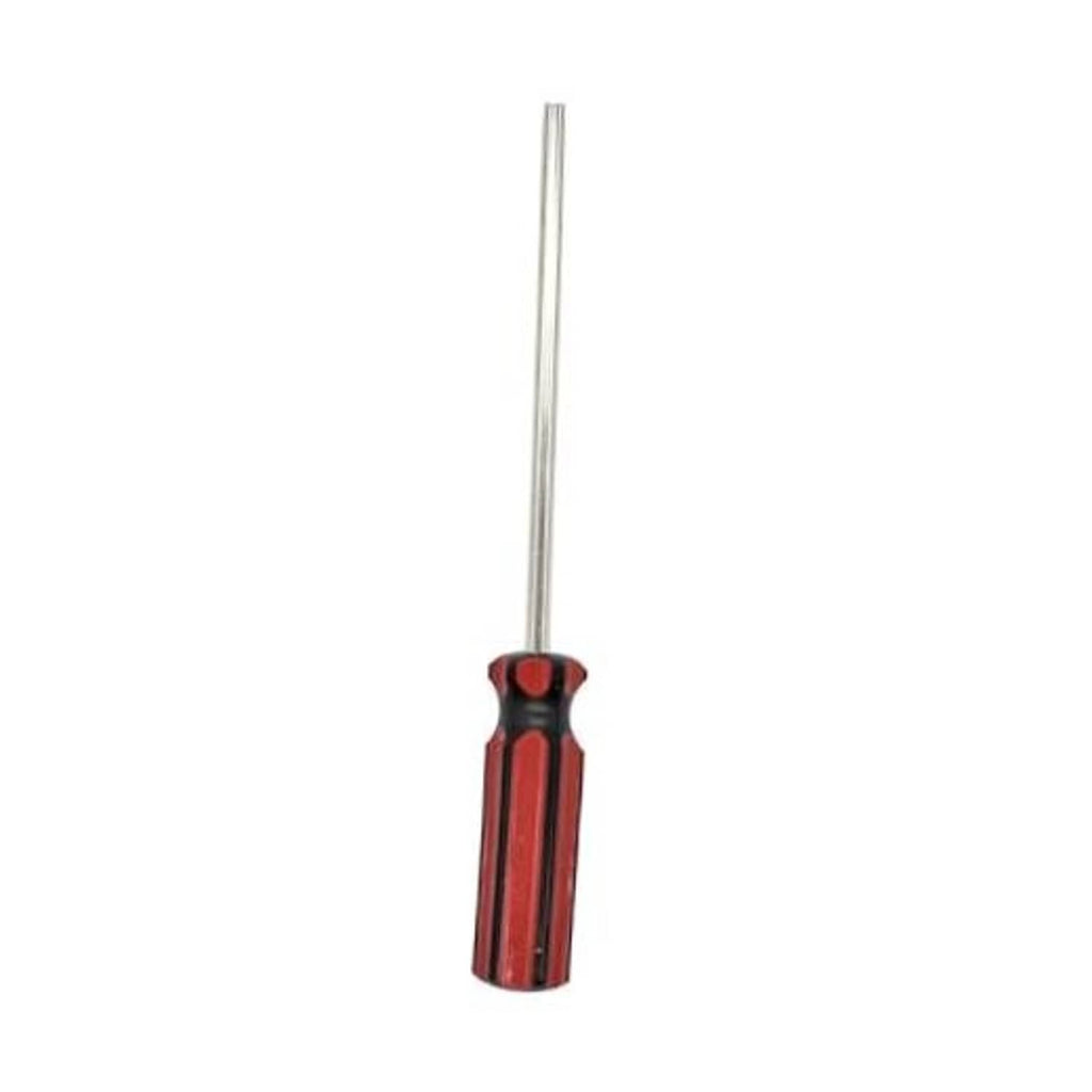 Tire valve core removal tool with red handle and silver shaft