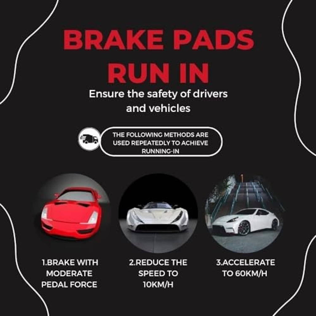 Ceramic brake pads run-in concept graphic with three driving steps and pad icons