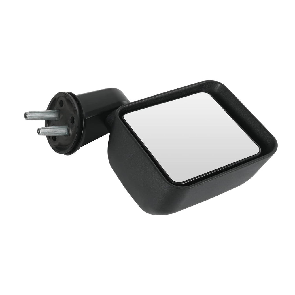 Black manual side mirror with clear rectangular glass and metal mounting bracket