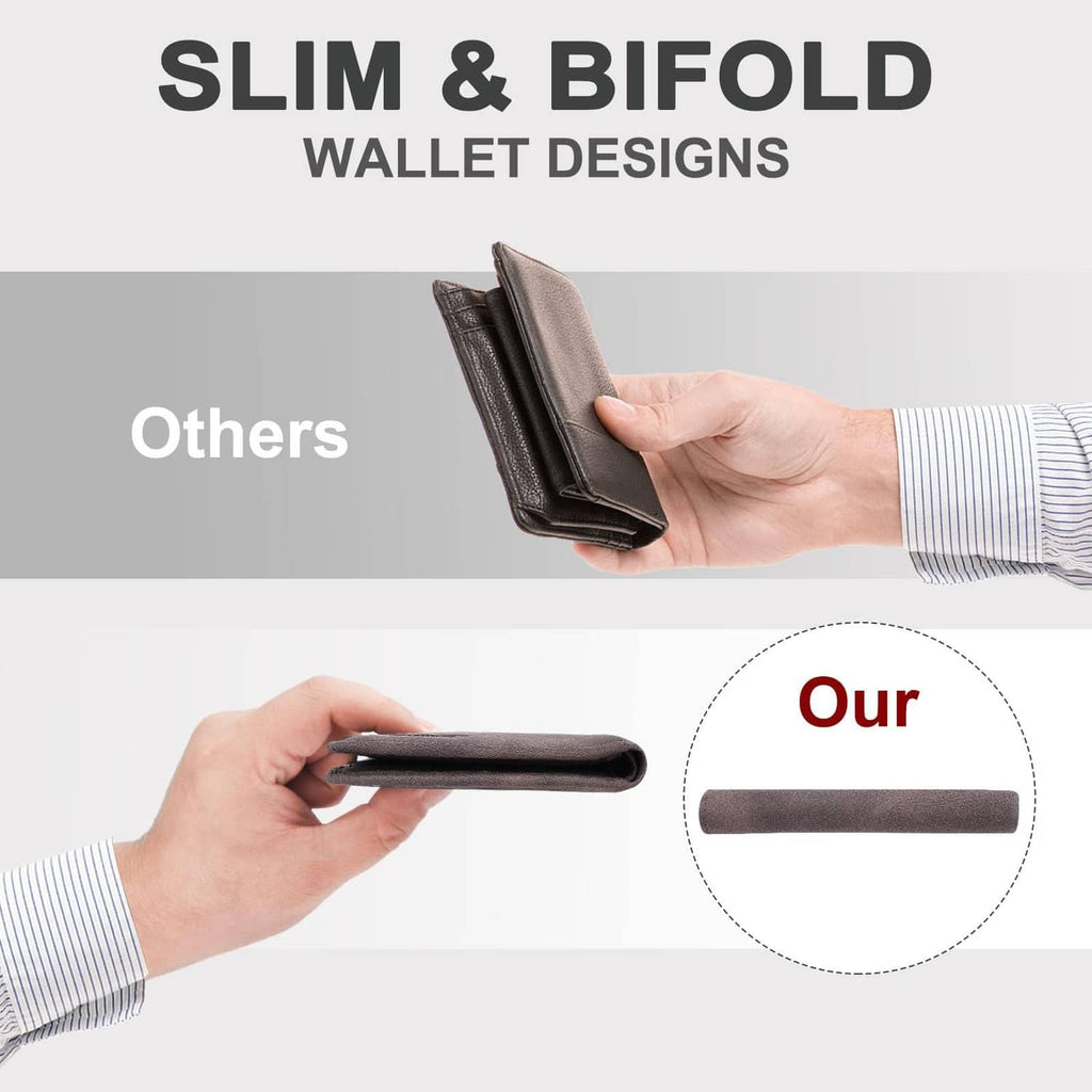 Slim bi-fold wallet in dark brown leather shown in hand