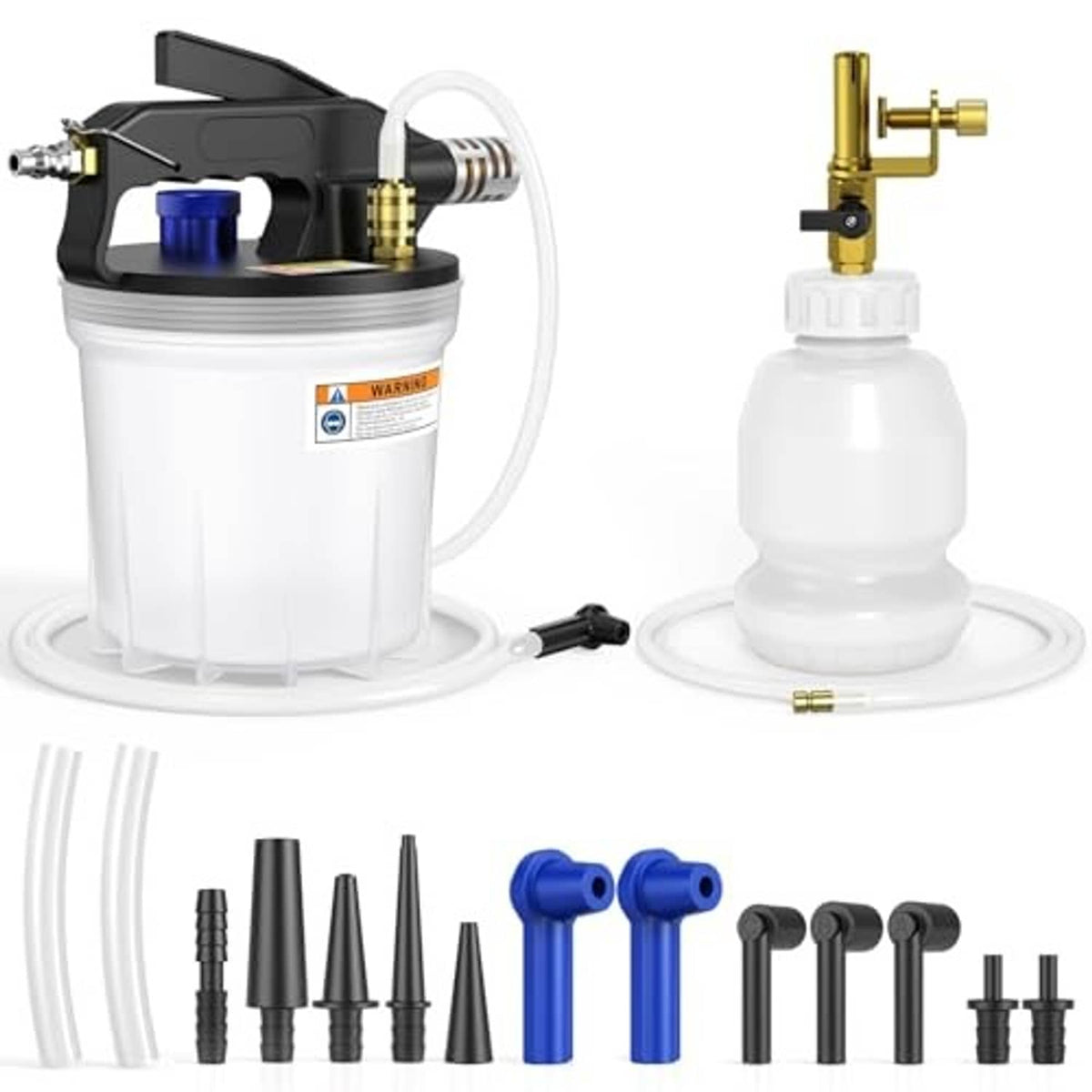 Vacuum brake bleeder kit with white bottle, black pump head, blue nozzles, hoses, and brass valve