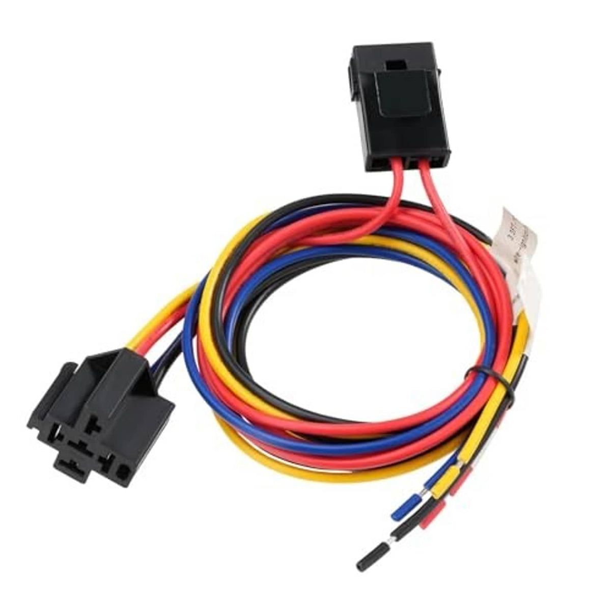 12V fan relay wiring harness with two black connectors and multicolor lead wires