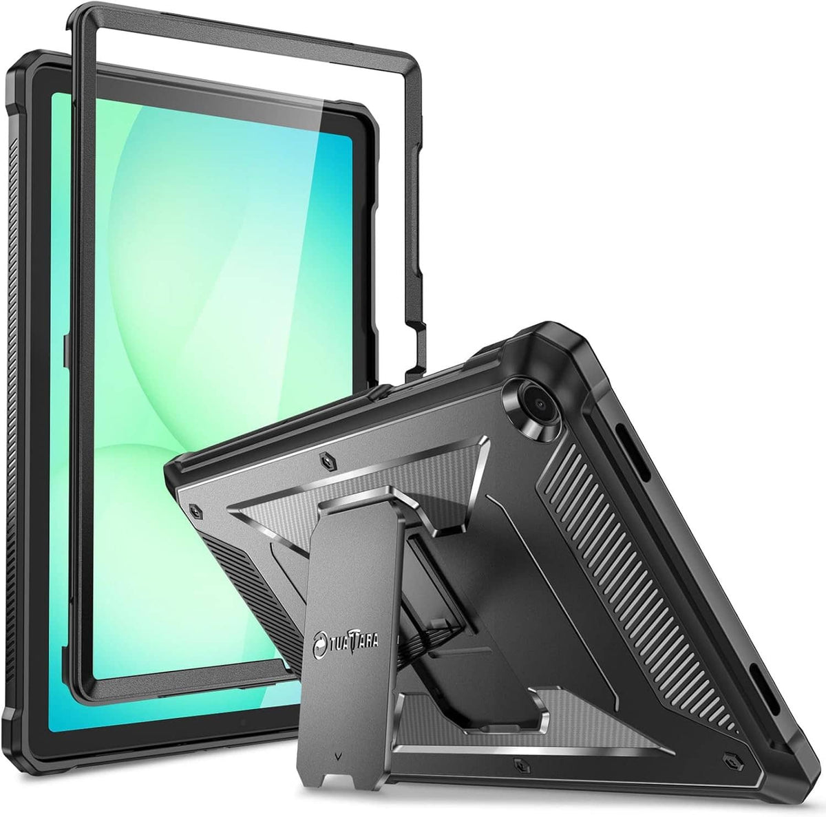 Rugged shockproof tablet case with kickstand, dark gray/black, front and back protection