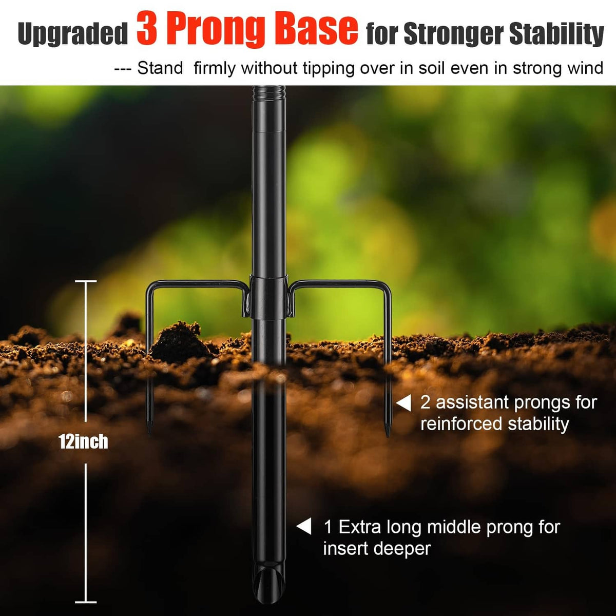 Black flagpole base with three-prong stakes for stronger stability