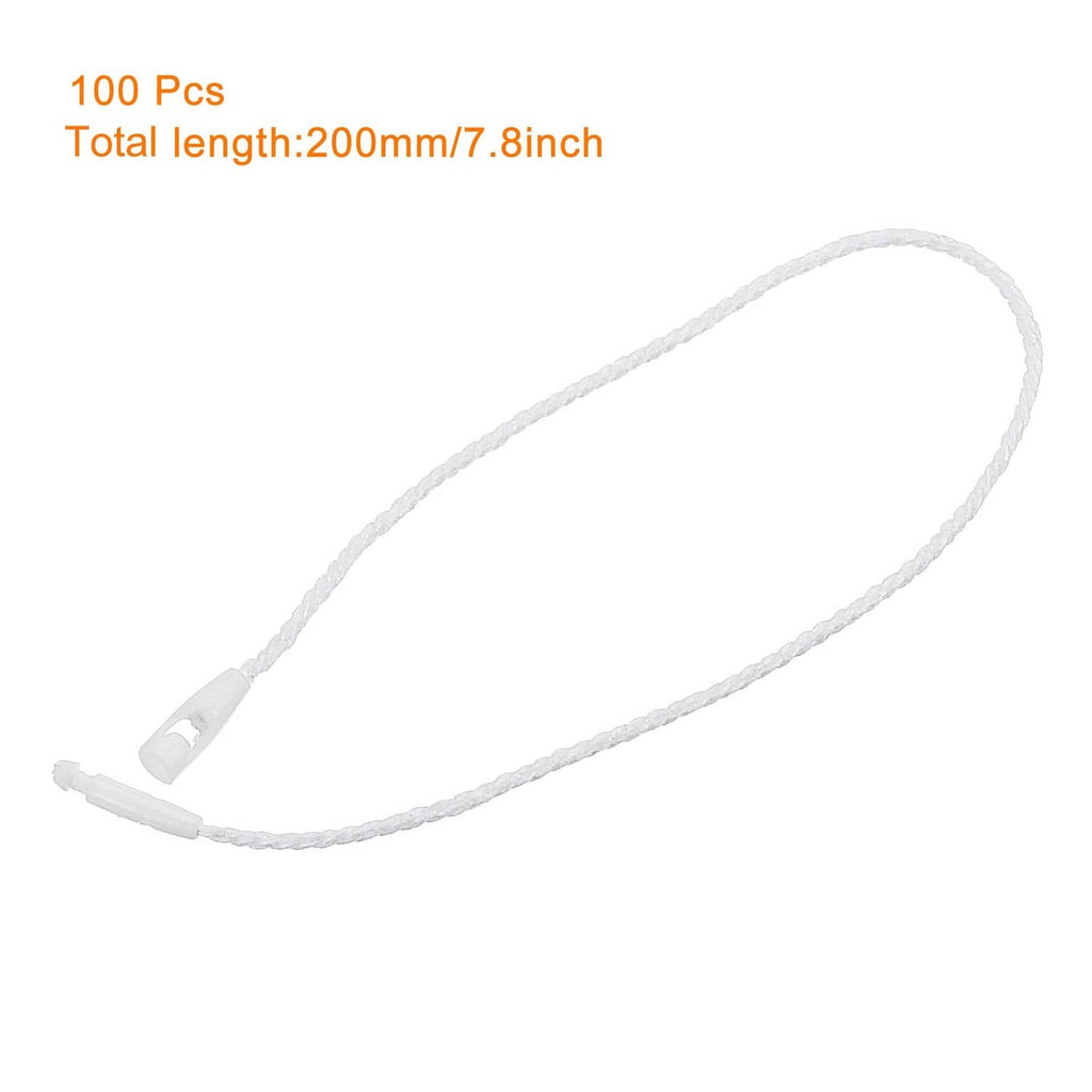 White hang tag string with plastic snap-lock ends, flexible loop, 7.8 in