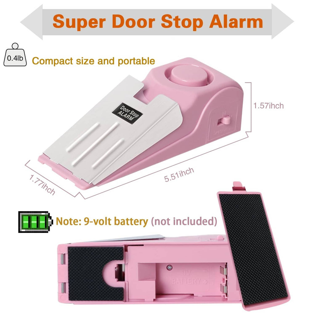 Pink compact door stop alarm wedge with size markings and open battery compartment