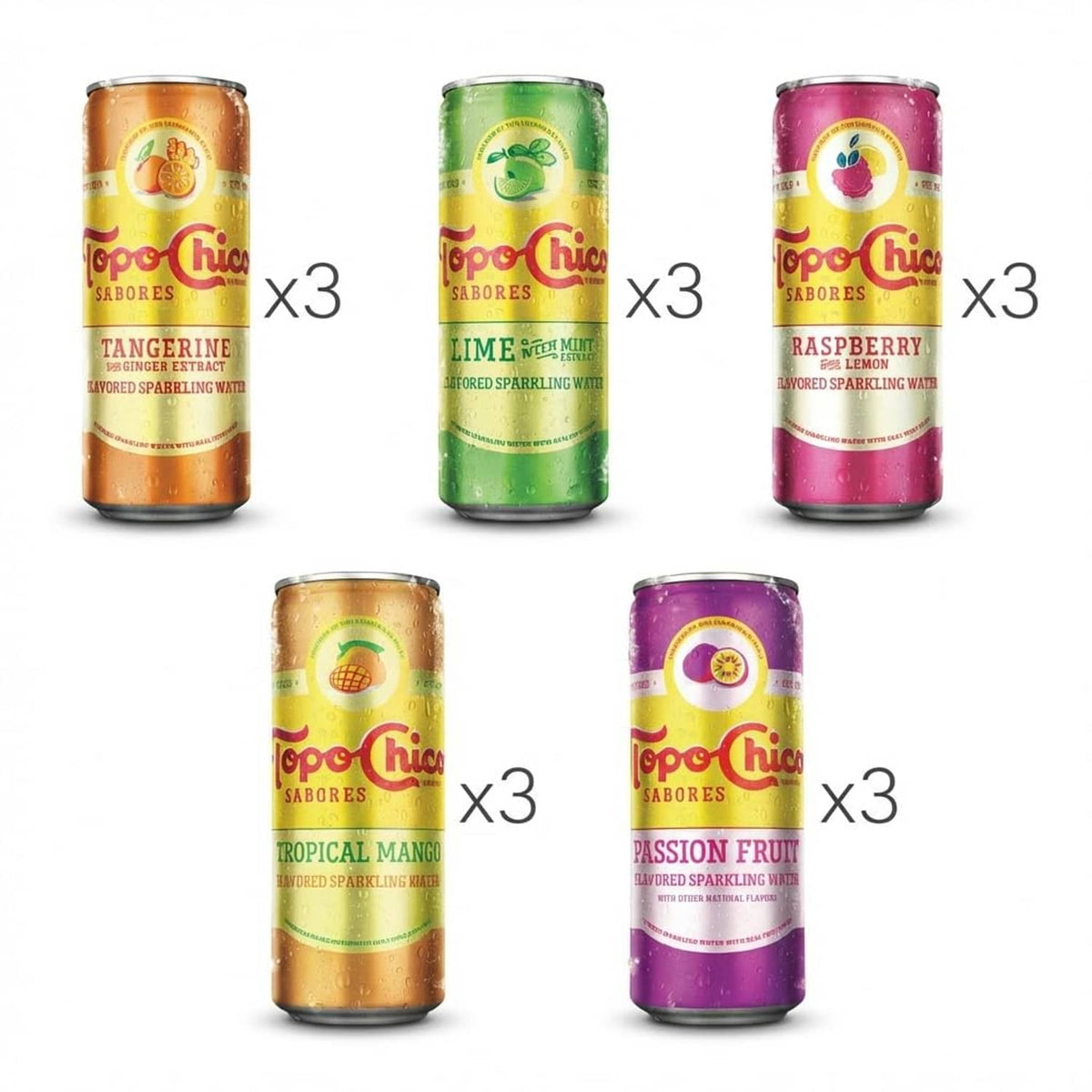 Topo Chico Sabores variety pack sparkling water cans showing x3 for five flavors