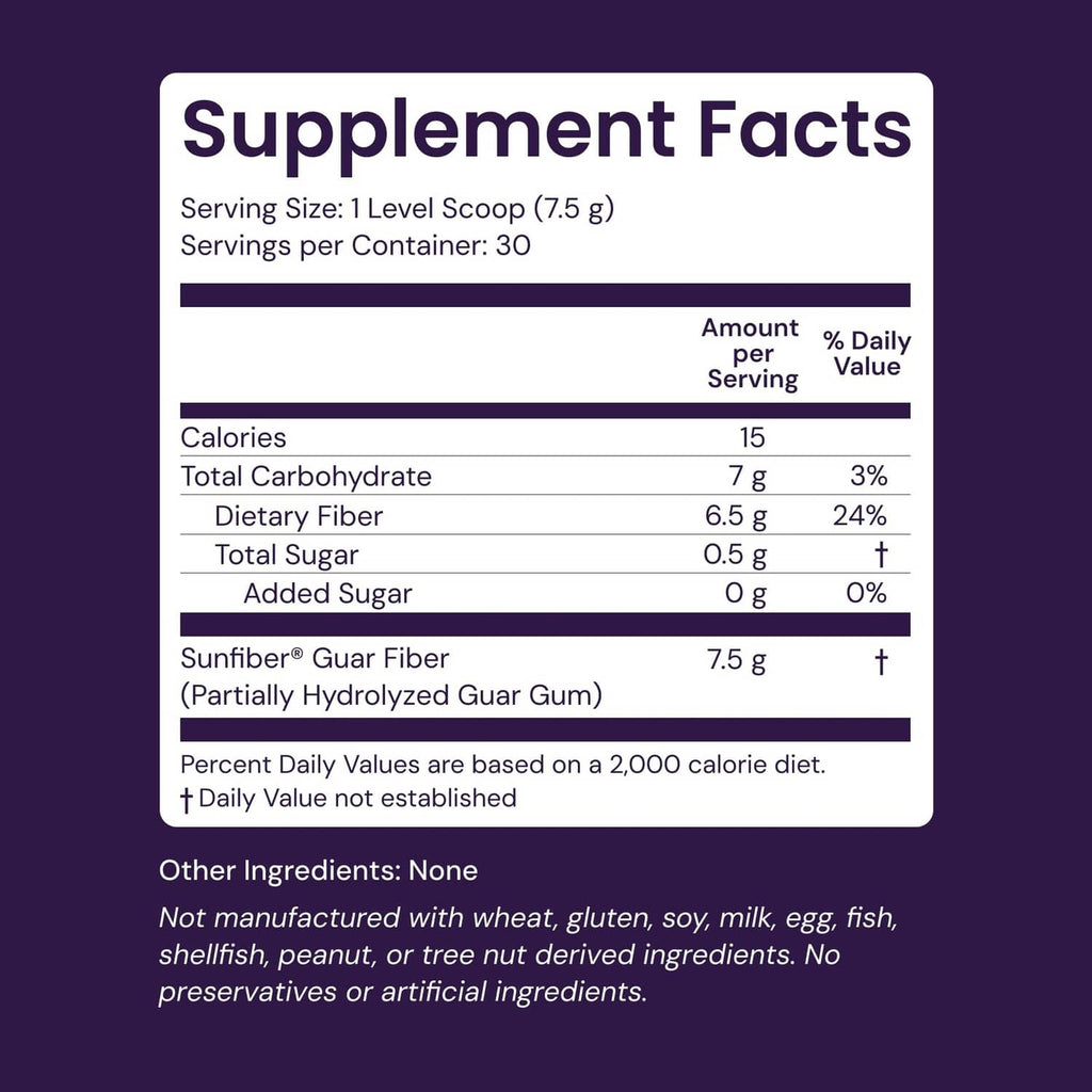 Supplement Facts panel for Sunfiber partially hydrolyzed guar fiber powder