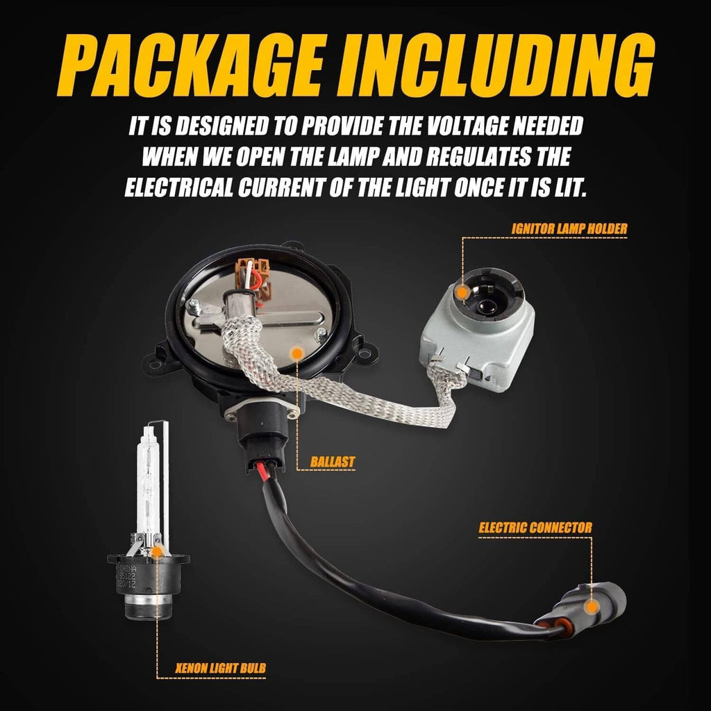 HID headlight ballast components set with wiring harness, igniter, and bulb with socket