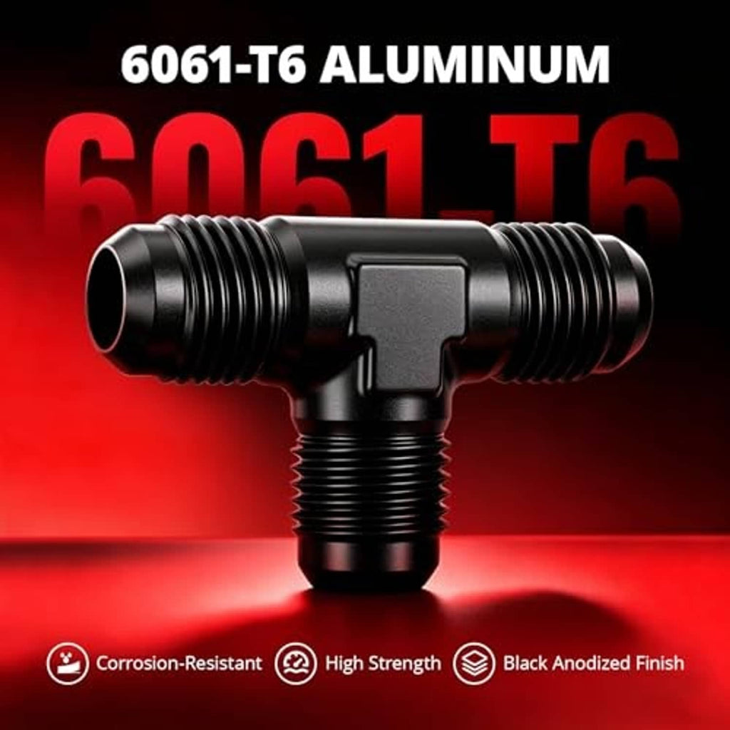 Black anodized aluminum flare T-union fitting with threaded ports on three sides