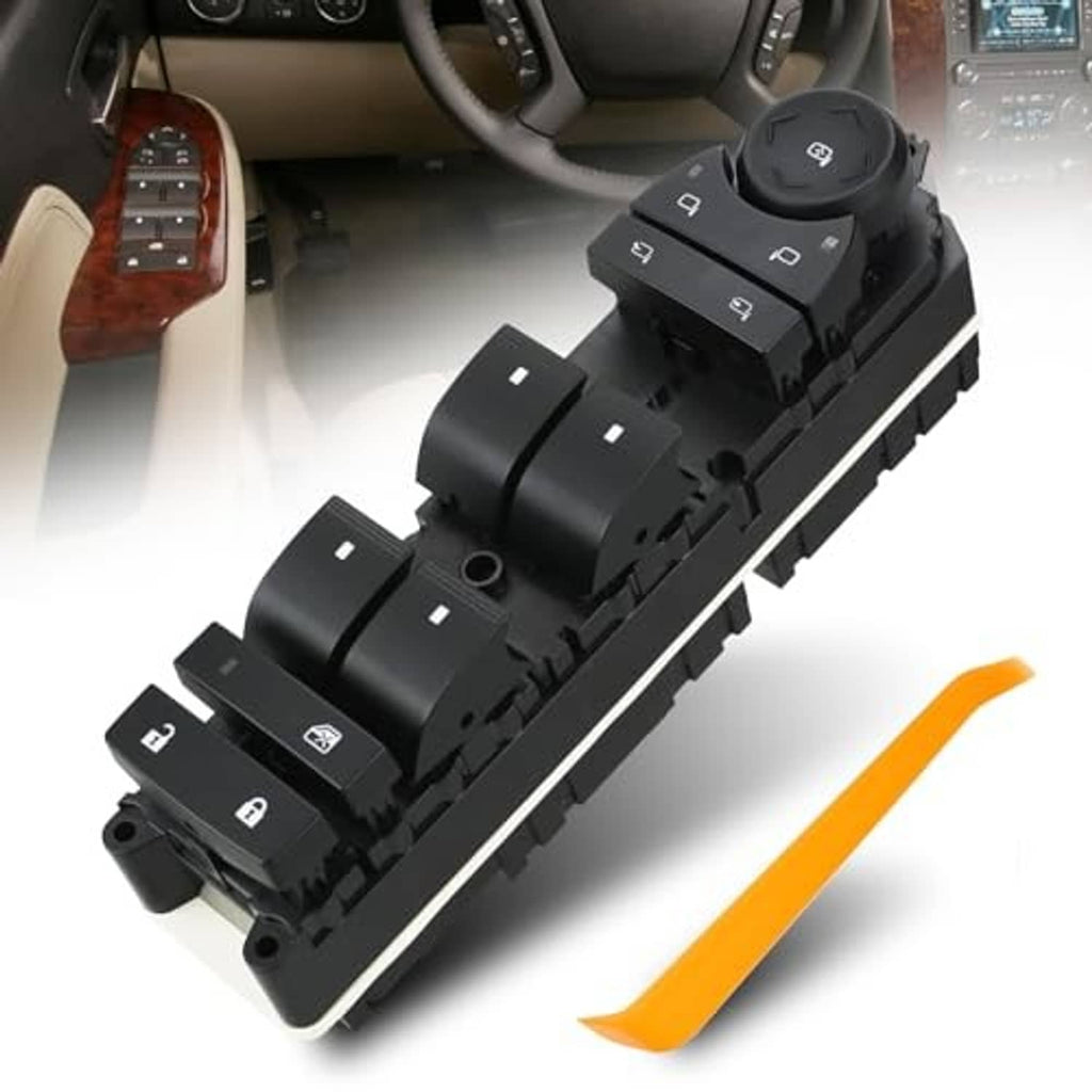 Black power window and mirror switch with rocker button layout and round mirror control