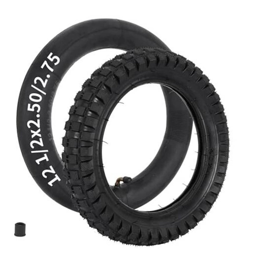 Black 12.5x2.75 tire with inner tube, textured tread, visible valve stem.