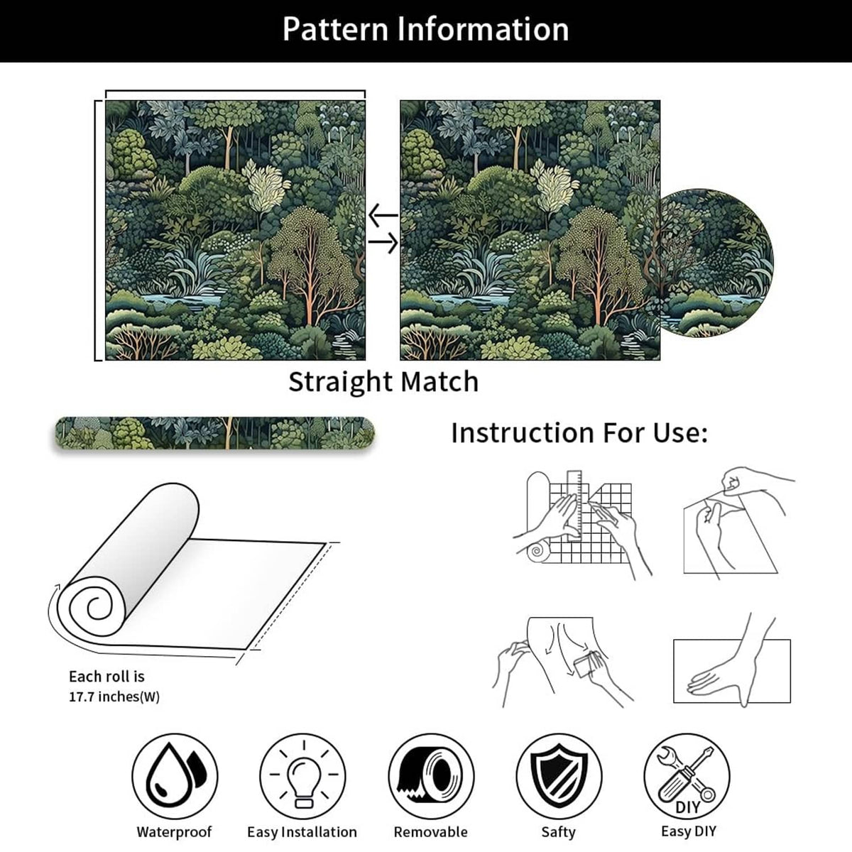 Pattern information diagram for straight-match mural wallpaper roll with installation icons